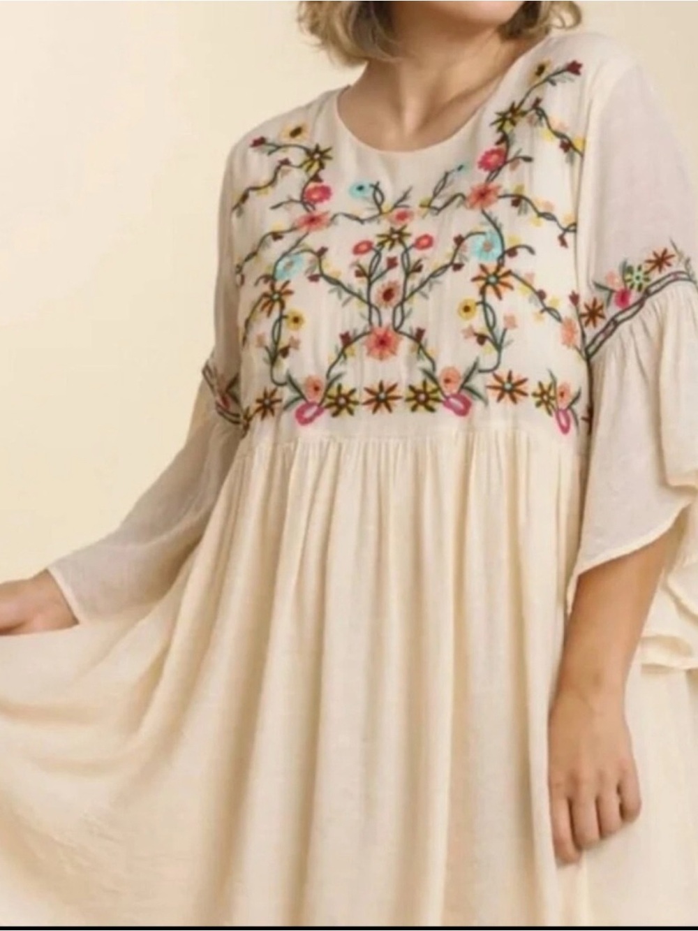 Umgee Cream Embroidered Long Sleeve Boho Dress